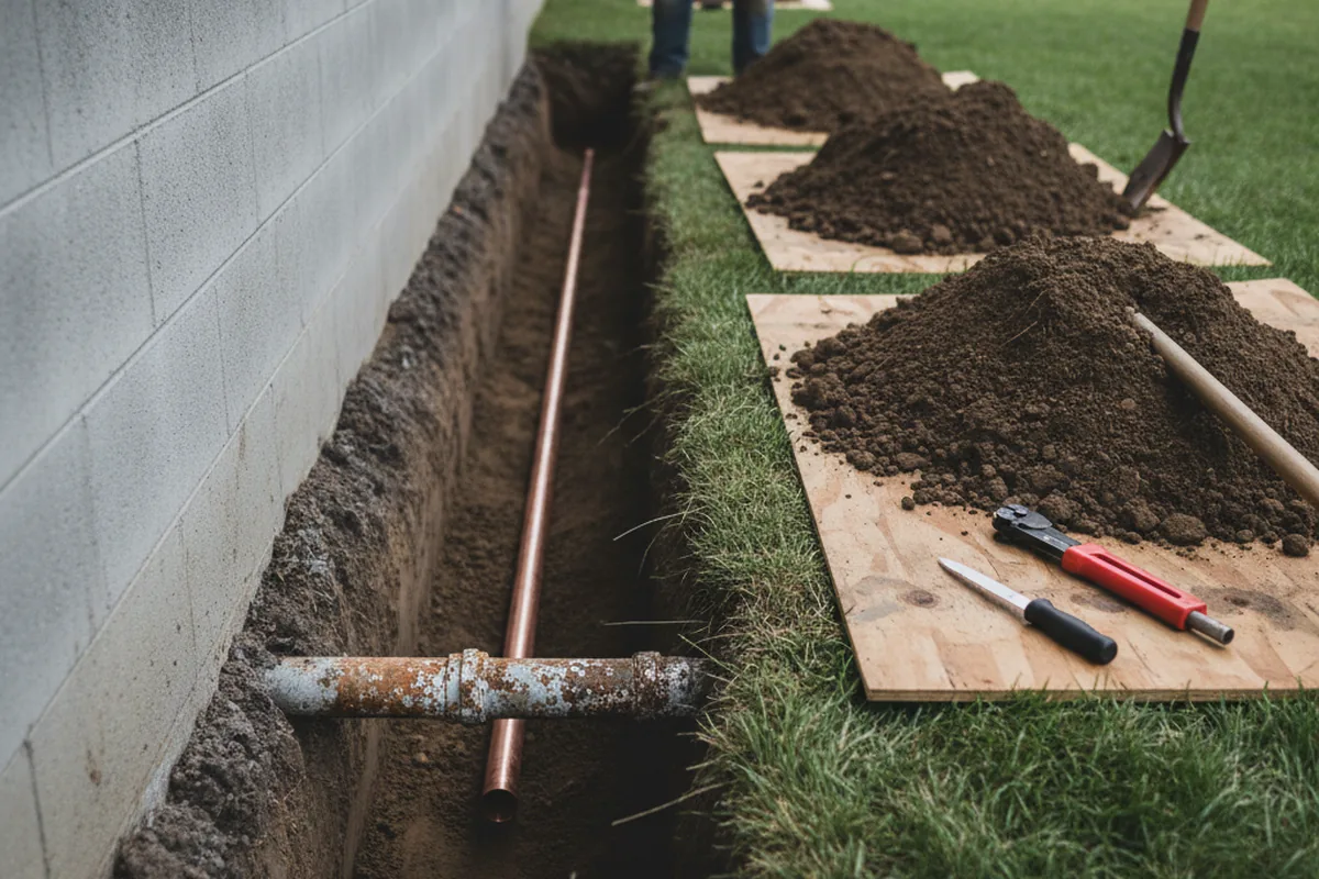 Excavated water line trench during Sewer Line Repair in Picacho
